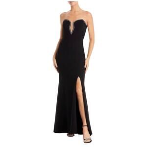 AQUA Black Evening Gown Beaded Strapless Thigh Slit Long A-Line Dress Size 12